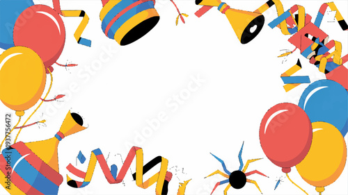 Colorful party decorations with balloons streamers and horns on white background for celebration