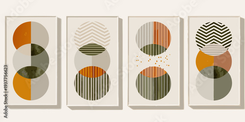 Four abstract geometric art prints with circles lines and neutral tones