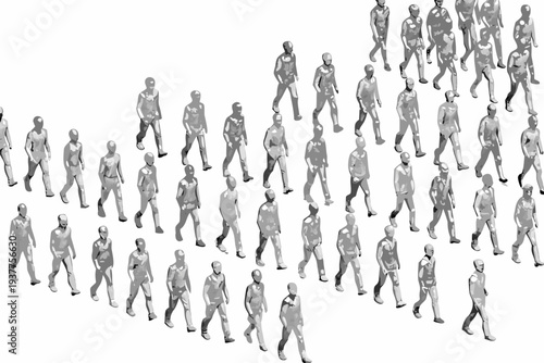 A large group of gray stylized human figures walking in formation