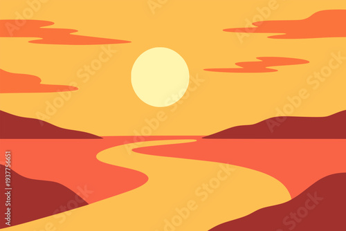 sunset view with pink coral and roadway landscape view background flat color vector illustration template design