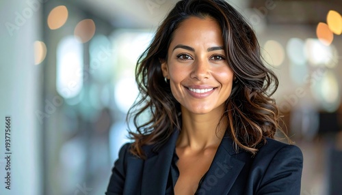 Smiling, elegant woman in blazer stands in an office hallway with blurred background lights