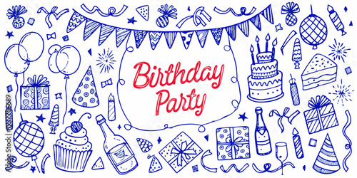 Hand drawn birthday party doodles with balloons cake and celebratory elements