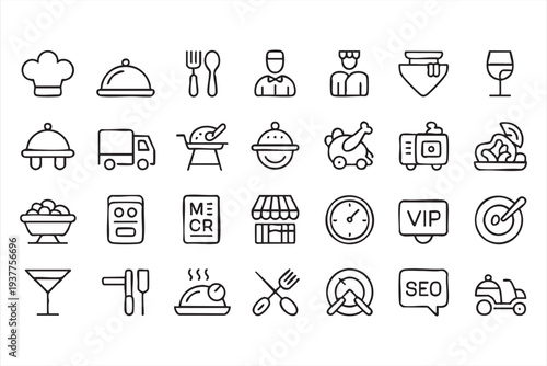 Minimal outline restaurant and kitchen icons for food app interfaces