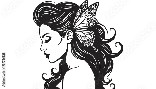 A beautiful woman with a butterfly in her hair illustration