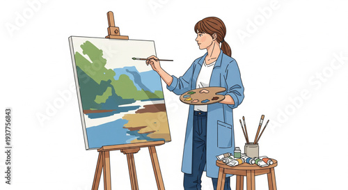 Artist painting a landscape scene on canvas with brushes and palette in a studio from a side viewpoint