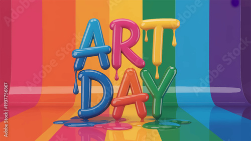 Colorful 3d 'art day' letters with paint drips on vibrant rainbow background creative art studio concept