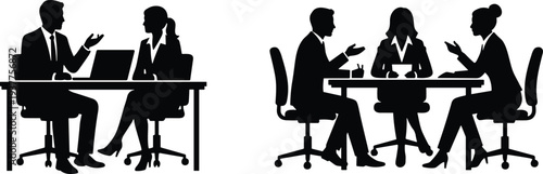 Business meeting silhouette team discussion at office table coworkers talking collaboration corporate workplace vector illustration isolated on white