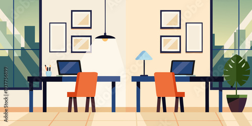 Minimalist office space with two workstations and geometric wall art