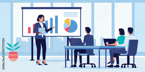 Businesswoman presenting data analysis to colleagues in a modern office setting