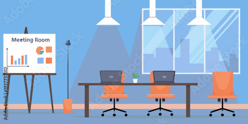 Modern meeting room with presentation laptops and comfortable orange seating