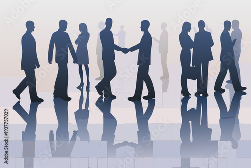 Silhouetted business people walking and shaking hands in a modern space