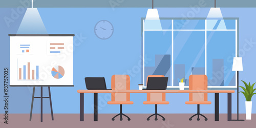 Modern office interior with presentation desk and large windows