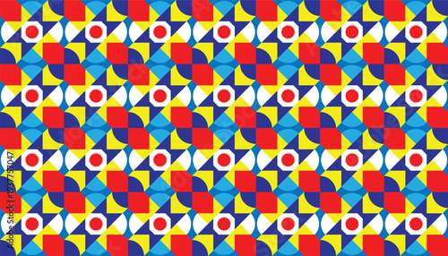 Seamless geometric pattern featuring a primary-tone "target" mosaic with interlocking blue, red, and yellow shapes. Abstract vector background with a rhythmic, high-density symmetric grid