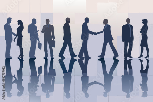 Silhouettes of business people in a modern office hallway or lobby