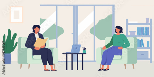 A therapist and patient engage in a counseling session within a bright office