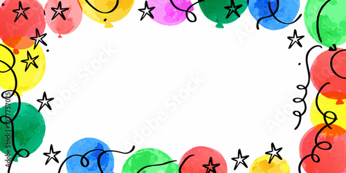 Colorful balloons and stars forming a festive border around a white space