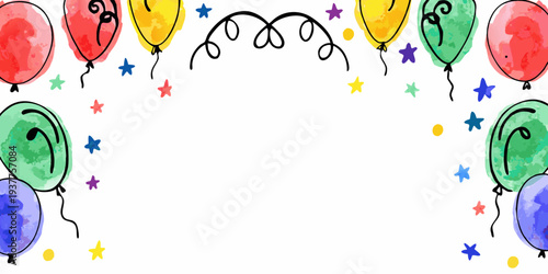 Colorful watercolor balloons and stars create a festive celebratory border