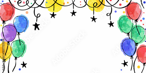 Colorful balloons and stars create a festive celebratory border design