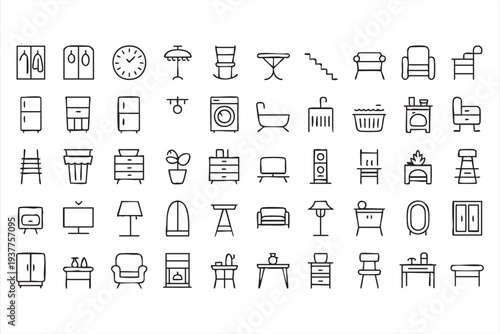 Minimalist home furniture and decor icon set for interior planning