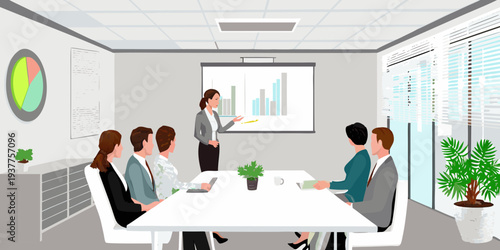 Businesswoman presenting data analysis to colleagues in a modern conference room