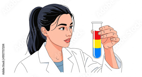 Female scientist holding test tube with layered liquids in laboratory setting from a front view