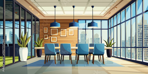 Modern dining room with large windows overlooking a city skyline