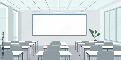 Empty classroom with a large whiteboard and rows of student desks