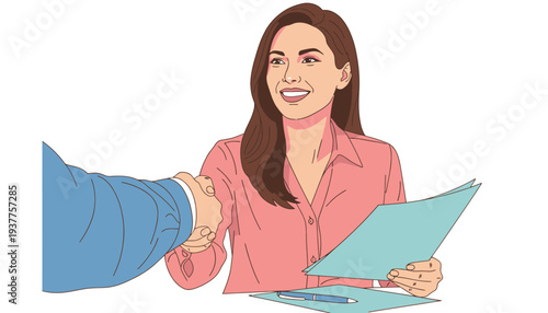 Businesswoman shaking hands with a person while holding documents in office