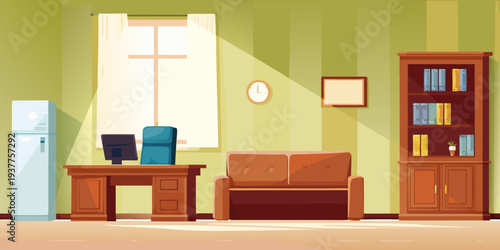 A brightly lit home office with a sofa desk and bookshelf