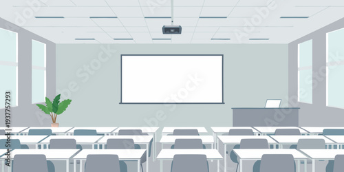 A minimalist classroom with a projection screen and empty student desks