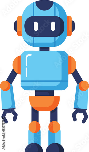 Cute robot character with orange accents and blue body standing alone