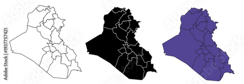 A set of vector maps of the of Iraq with prefecture boundaries in three styles