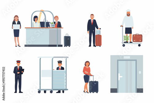 Hotel staff assisting guests with luggage and check in processes