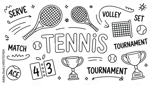 Tennis illustration with rackets balls trophies and tournament text