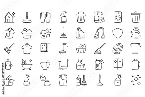 Housekeeping and laundry symbol collection in clean vector line style