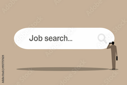 A man searches for employment opportunities using a mobile phone and search bar