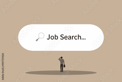 A lone figure contemplates job searching symbolized by a magnifying glass