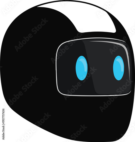 Robot head with blue eyes on black background