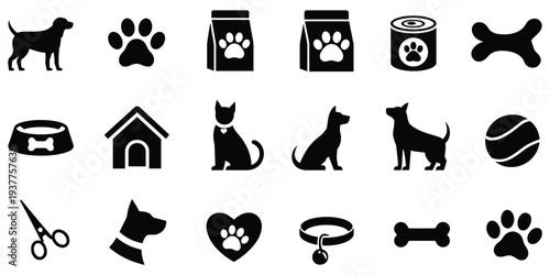 Set of black and white dog and pet care icons animal paw print