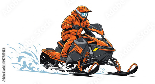 Rider on snowmobile speeding through snowy landscape viewed from behind at high speed action scene