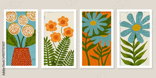 Four framed botanical prints featuring stylized mid century modern floral designs