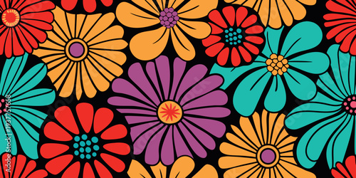 A vibrant repeating floral pattern with bold colors and retro style