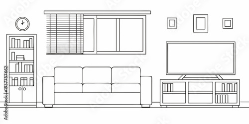 Minimalist living room interior with a sofa tv and bookshelf design