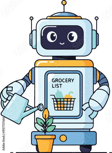 Cute robot watering plant with grocery list on chest