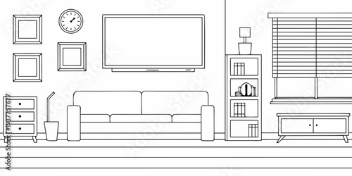 Minimalist living room interior with furniture and wall decor outlined in black