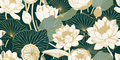 Elegant floral pattern featuring golden lotus flowers and dark teal leaves
