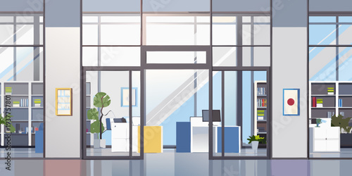 Modern office lobby with glass walls reception desk and minimalist decor