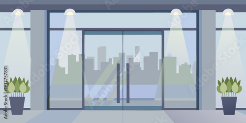 Modern building entrance with glass doors and city skyline reflection