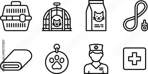 Set of line art icons for pet care and veterinary services Keywords: pet carrier, cat carrier, bird cage, pet food bag, leash