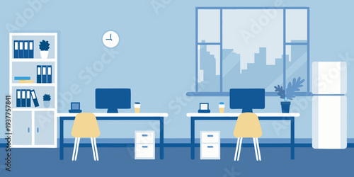 Modern office interior with desks shelves and a city view